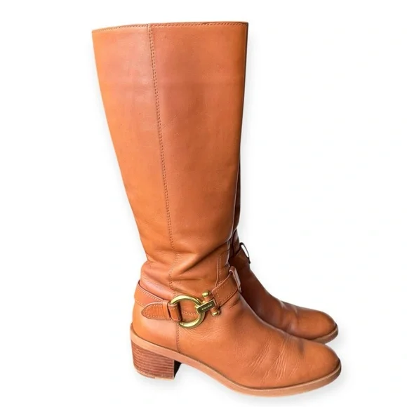 COACH Saddle Brown California Calf Leather Boots with Signature Gold Buckles, 9M - Picture 4 of 16